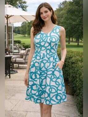 Gretchen Scott Blue & White Print Dress w/ Sash Medium Country Club Chic Summer